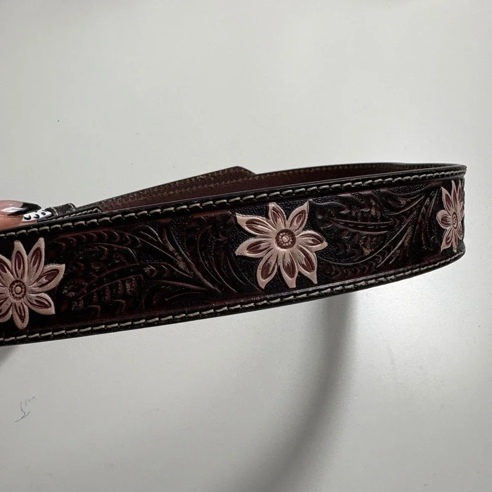 Nocona Belt Co Womens Brown Tooled Leather Floral Western Belt S 33in